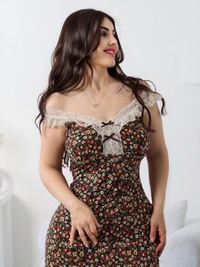 Nour Diyab Robe vintage femme à fleurs Ditsy avec dentelle contrastée, sans manches, taille cintrée. Convient pour les vacances d'été - Multicolore - Voir 3