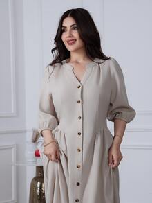 Nour Diyab 女款V領泡泡袖收腰鈕扣長洋裝 - 米色 - 查看 3