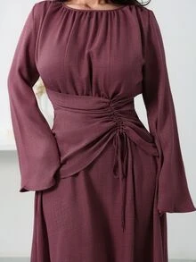 Nour Diyab Gaun Lengan Panjang Minimalis Wanita dengan Tali Serut dan Detail Kerut - Dusty Pink - View 5