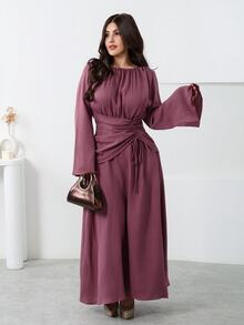 Nour Diyab Gaun Lengan Panjang Minimalis Wanita dengan Tali Serut dan Detail Kerut - Dusty Pink - View 1
