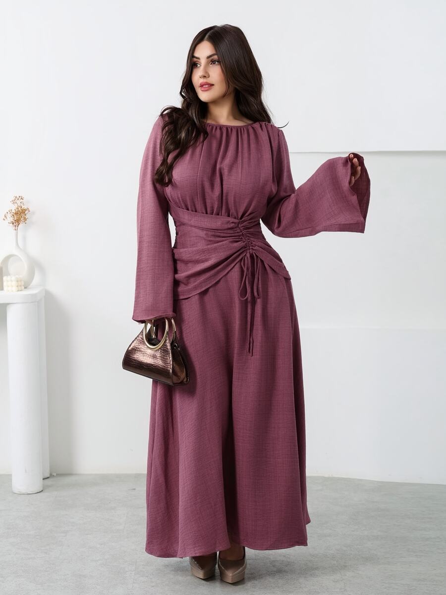Nour Diyab Gaun Lengan Panjang Minimalis Wanita dengan Tali Serut dan Detail Kerut - Dusty Pink - View 1