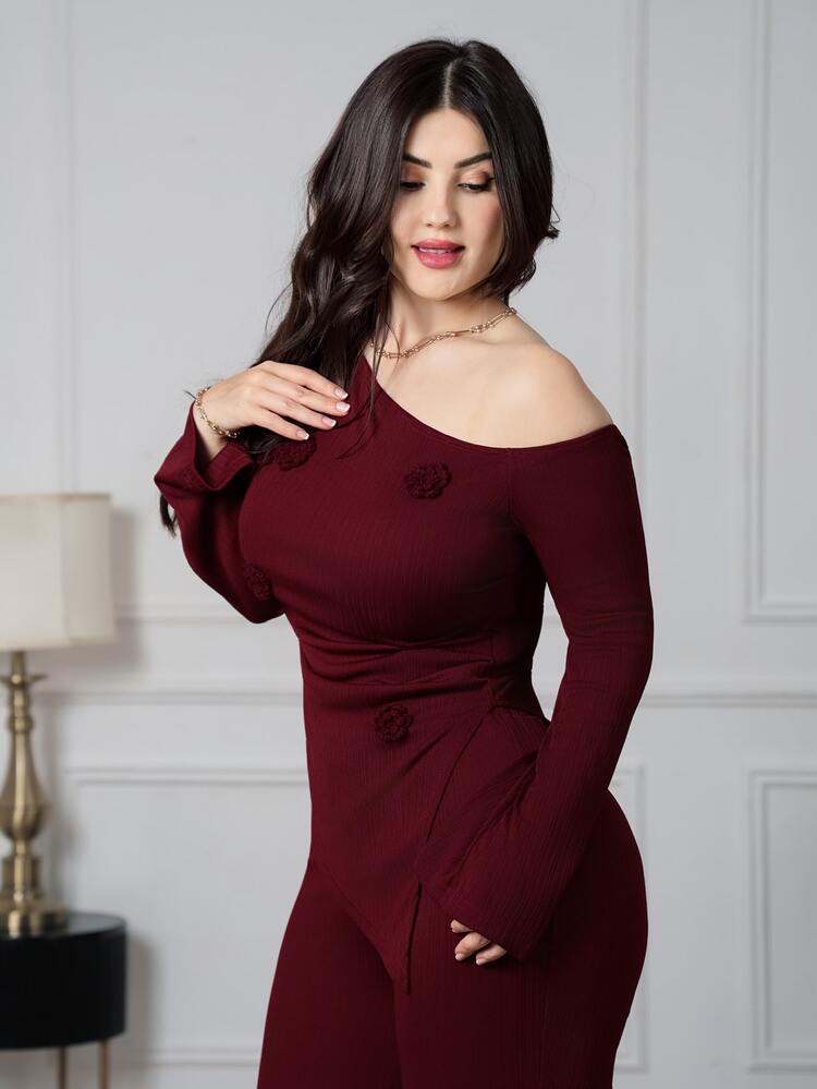 Nour Diyab 女款時尚休閒斜肩上衣與長褲兩件套，優雅女裝套裝 - 酒紅色 - 查看 5