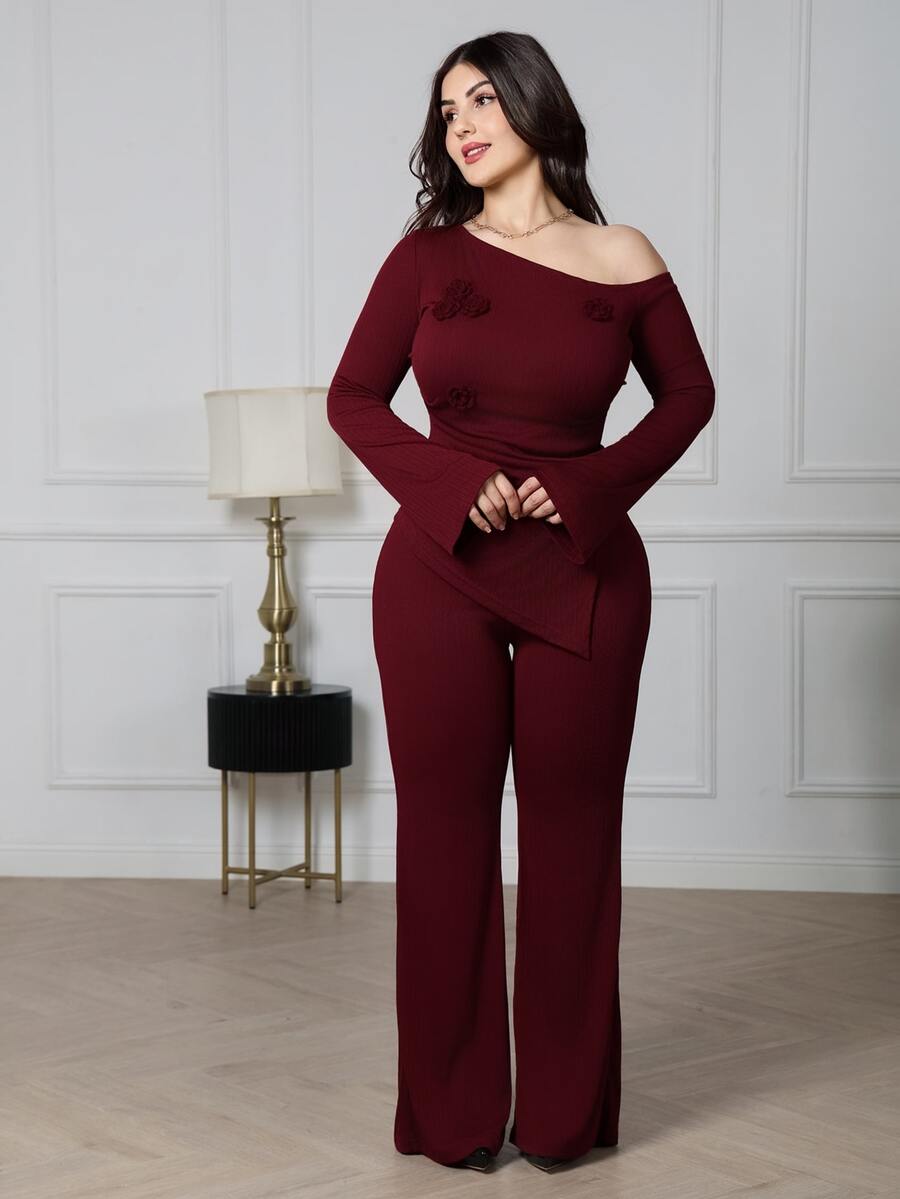 Nour Diyab Women's Fashion Casual Oblique Shoulder Top & Pants 2 Pieces Set 2 Pieces Sets Woman Classy