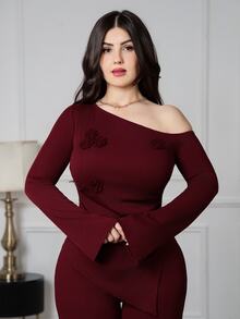 Nour Diyab Women's Fashion Casual Oblique Shoulder Top & Pants 2 Pieces Set 2 Pieces Sets Woman Classy - Burgundy - View 5