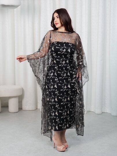 Nour Diyab Black And White,Summer,Elegant,Wedding, Al-Adha Embroidered Floral Trim Bandeau Dress With Sheer Overlay Silhouette Two Pieces Set For Women,Zanea