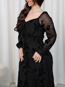 Nour Diyab 女款方領優雅植絨花卉長袖修身魚尾禮服，適合正式場合與婚禮賓客穿著 - 黑色 - 查看 4