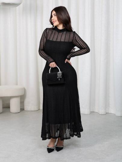 Nour Diyab Elegant Lace Long Sleeve A-Line Dress For Women Elegant Midi Dress Long Sleeve Elegant Dress Black Dinner Dress Dinner Autumn