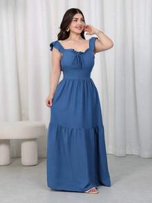 Nour Diyab Women's Summer Casual Solid Color Tie-Up Hollow Out Dress - Medium Wash - View 5