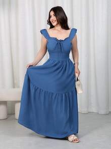 Nour Diyab Women's Summer Casual Solid Color Tie-Up Hollow Out Dress - Medium Wash - View 1