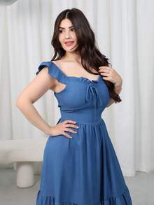 Nour Diyab Women's Summer Casual Solid Color Tie-Up Hollow Out Dress - Medium Wash - View 3