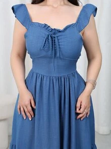 Nour Diyab Women's Summer Casual Solid Color Tie-Up Hollow Out Dress - Medium Wash - View 4