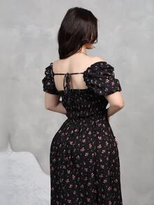 Nour Diyab Women's Simple Floral Printed Square Neckline Balloon Sleeve Dress Maxi Women Outfit - Navy Blue - View 2