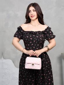 Nour Diyab Women's Simple Floral Printed Square Neckline Balloon Sleeve Dress Maxi Women Outfit - Navy Blue - View 4