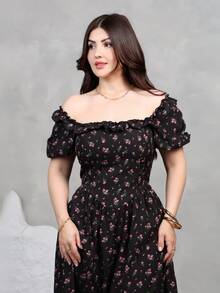 Nour Diyab Women's Simple Floral Printed Square Neckline Balloon Sleeve Dress Maxi Women Outfit - Navy Blue - View 3