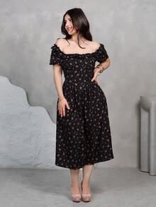 Nour Diyab Women's Simple Floral Printed Square Neckline Balloon Sleeve Dress Maxi Women Outfit - Navy Blue - View 1