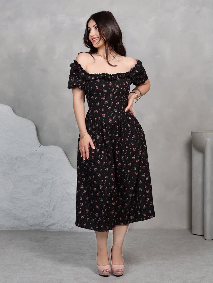 Nour Diyab Women's Simple Floral Printed Square Neckline Balloon Sleeve Dress Maxi Women Outfit - Navy Blue - View 1