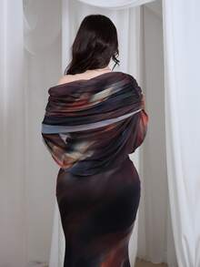 Nour Diyab 棕色扎染褶皱修身优雅连衣裙，女士，春夏款 - 棕色 - 查看 2
