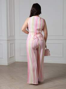 Nour Diyab Summer New Pink And White Striped Striped Linen Set Women's Vacation Style Casual Two Pieces Vacation - Pink - View 3