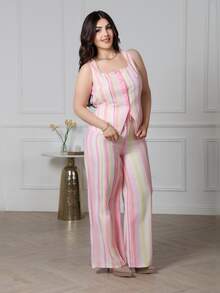 Nour Diyab Summer New Pink And White Striped Striped Linen Set Women's Vacation Style Casual Two Pieces Vacation - Pink - View 4