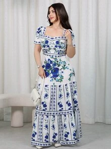Nour Diyab Women's French Casual Vacation Delicate Rose Flower Collar Strap Ruffle Decor Matching Petal Sleeve Waist Ruffle A-Line Dress - Blue - View 5