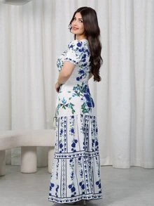 Nour Diyab Women's French Casual Vacation Delicate Rose Flower Collar Strap Ruffle Decor Matching Petal Sleeve Waist Ruffle A-Line Dress - Blue - View 6