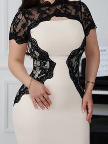 Nour Diyab Lace Patchwork Contrast Color Fitted Mermaid Hem Short Sleeve Bodycon Dress For Women - Apricot - View 6