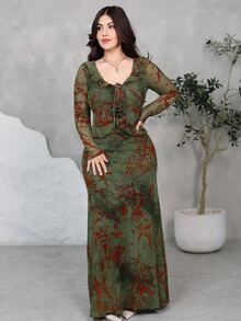 Nour Diyab Y2K Goth Sexy Ruffle Hem Elegant Commuter Mermaid Skirt, Versatile 2 Pieces Set, Autumn Halloween Night Dark Green - Multicolor - View 4
