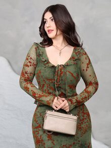 Nour Diyab Y2K Goth Sexy Ruffle Hem Elegant Commuter Mermaid Skirt, Versatile 2 Pieces Set, Autumn Halloween Night Dark Green - Multicolor - View 1