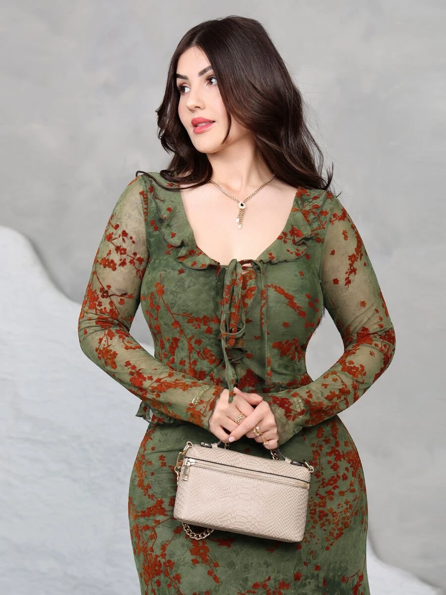 Nour Diyab Y2K Goth Sexy Ruffle Hem Elegant Commuter Mermaid Skirt, Versatile 2 Pieces Set, Autumn Halloween Night Dark Green - Multicolor - View 1