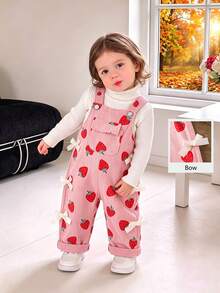 SHEIN Playful Pals 女嬰休閒風燈芯絨印花吊帶褲，春夏秋冬四季適用，粉色配杏色蝴蝶結裝飾，寬鬆直筒版型，柔軟舒適面料，適合日常休閒穿搭 - 粉色 - 查看 2