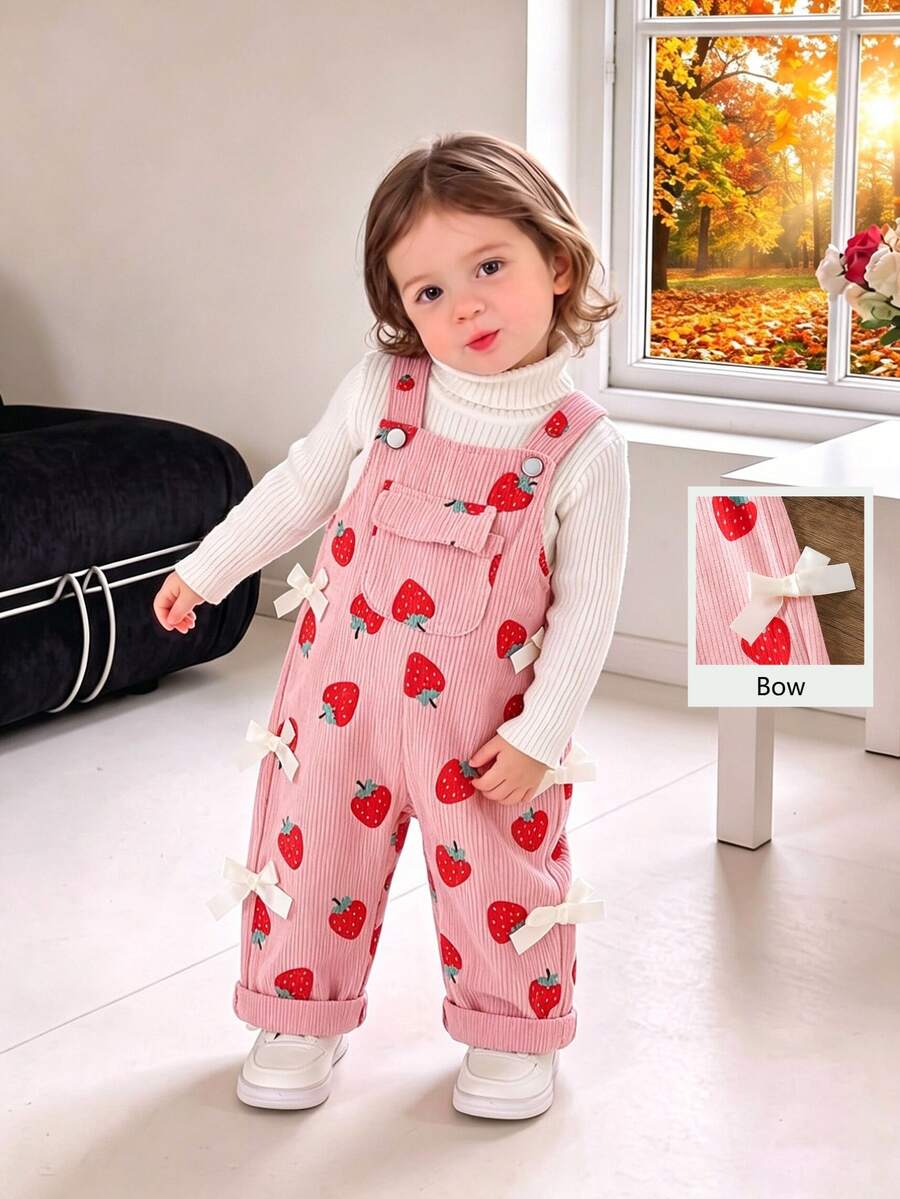 SHEIN Playful Pals 女嬰休閒風燈芯絨印花吊帶褲，春夏秋冬四季適用，粉色配杏色蝴蝶結裝飾，寬鬆直筒版型，柔軟舒適面料，適合日常休閒穿搭