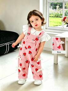 SHEIN Playful Pals 女嬰休閒風燈芯絨印花吊帶褲，春夏秋冬四季適用，粉色配杏色蝴蝶結裝飾，寬鬆直筒版型，柔軟舒適面料，適合日常休閒穿搭 - 粉色 - 查看 4
