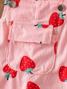 SHEIN Playful Pals 女嬰休閒風燈芯絨印花吊帶褲，春夏秋冬四季適用，粉色配杏色蝴蝶結裝飾，寬鬆直筒版型，柔軟舒適面料，適合日常休閒穿搭 - 粉色 - 查看 8