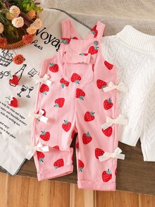 SHEIN Playful Pals 女嬰休閒風燈芯絨印花吊帶褲，春夏秋冬四季適用，粉色配杏色蝴蝶結裝飾，寬鬆直筒版型，柔軟舒適面料，適合日常休閒穿搭 - 粉色 - 查看 5