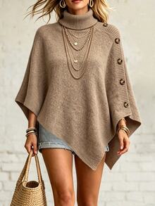 SHEIN Model Cape Rajut Asimetris French Lazy Musim Gugur/Musim Dingin Terbaru untuk Wanita, Kerah Gulung, Detail Kancing, Lengan Pendek, Potongan Longgar. - Khaki - View 4