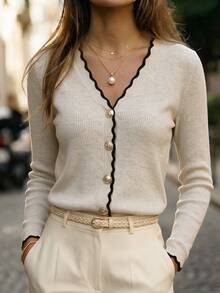 SHEIN Cardigan Rajut Bergaris Leher V dengan Trim Hitam Bergelombang, Lengan Panjang, Kancing Logam, Sweater Crop Slim - Aprikot - View 3