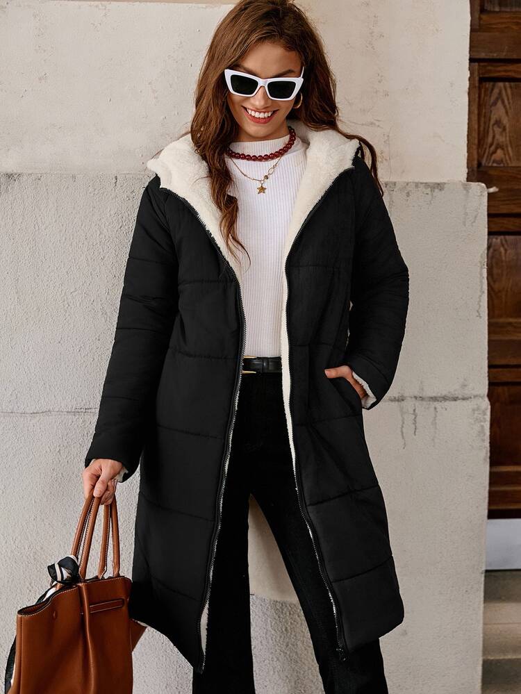 SHEIN Clasi Women Zip Up Hooded Teddy Lined Quilted Coat In Fall/Winter - Black - View 12