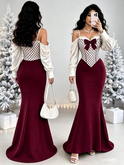 SHEIN Elenzya Autumn/Winter Christmas Wedding Guest Luxury Cold Shoulder Beaded Lantern Sleeve Bow Corset Mermaid Tail Long Dress, Diamond Print White & Wine Red Patchwork, Elegant Romantic Exquisite Women's Dress