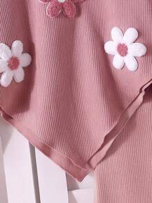 SHEIN 女童針織花卉T恤套裝，2件套，3D花卉裝飾荷葉邊半高領長袖上衣 + 羅紋喇叭腿緊身褲套裝 - 粉色 - 查看 5