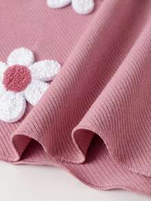 SHEIN 女童針織花卉T恤套裝，2件套，3D花卉裝飾荷葉邊半高領長袖上衣 + 羅紋喇叭腿緊身褲套裝 - 粉色 - 查看 8