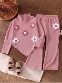 SHEIN 女童針織花卉T恤套裝，2件套，3D花卉裝飾荷葉邊半高領長袖上衣 + 羅紋喇叭腿緊身褲套裝 - 粉色 - 查看 4