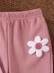 SHEIN 女童針織花卉T恤套裝，2件套，3D花卉裝飾荷葉邊半高領長袖上衣 + 羅紋喇叭腿緊身褲套裝 - 粉色 - 查看 10