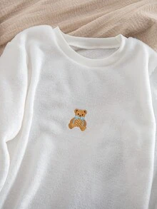 秋冬女童2件式睡衣套裝，雙面法蘭絨上衣配可愛熊刺繡，長袖、羅紋領口與袖口，白色上衣與藍色長褲，柔軟舒適面料，簡約風格，標準版型，居家穿著，女童必備 - 白色 - 查看 6