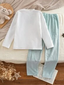秋冬女童2件式睡衣套裝，雙面法蘭絨上衣配可愛熊刺繡，長袖、羅紋領口與袖口，白色上衣與藍色長褲，柔軟舒適面料，簡約風格，標準版型，居家穿著，女童必備 - 白色 - 查看 2