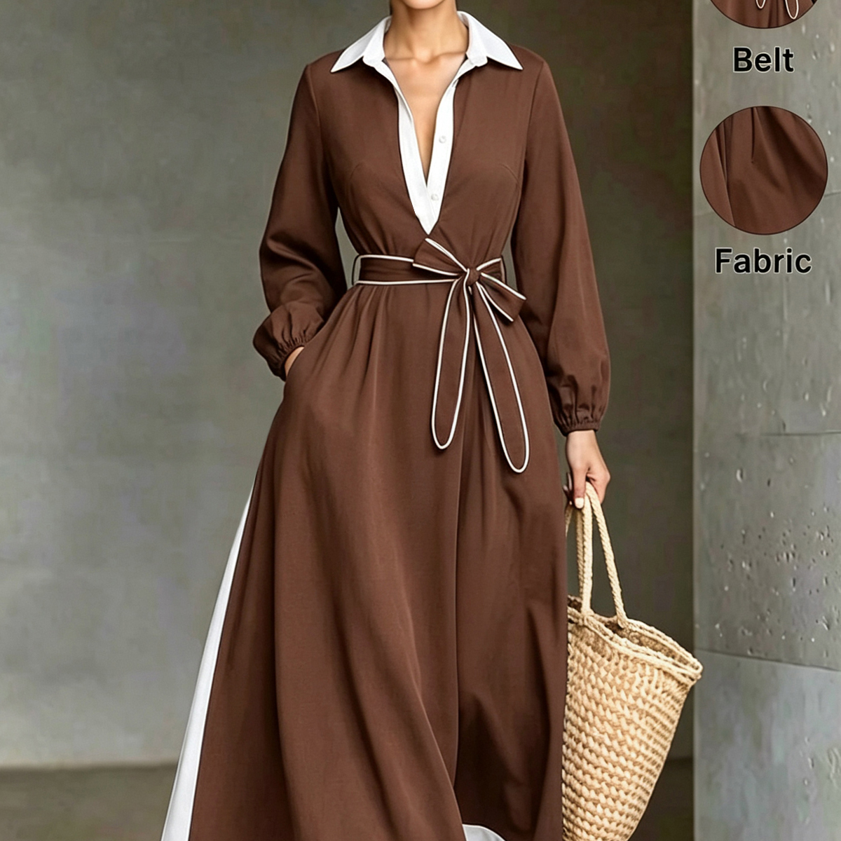 Women's V-Neck White Collar Button Navy Blue Nautical Style Long Sleeve Elegant Office Young Versatile Back To School Mother's Day Women's Day Daily Casual A-Line Cinched Waist Tie Belt Deep Blue Holiday Party Chic All Season Long Dress