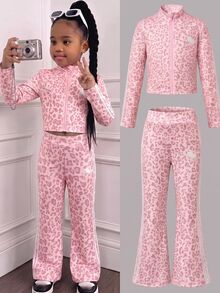 SHEIN Kids Young Girl 2pcs Stand Collar Zipper Solid Color Long Sleeve Top And Pants Set, Perfect For Casual, Daily And School Wear In Summer And Autumn - Pink - View 6