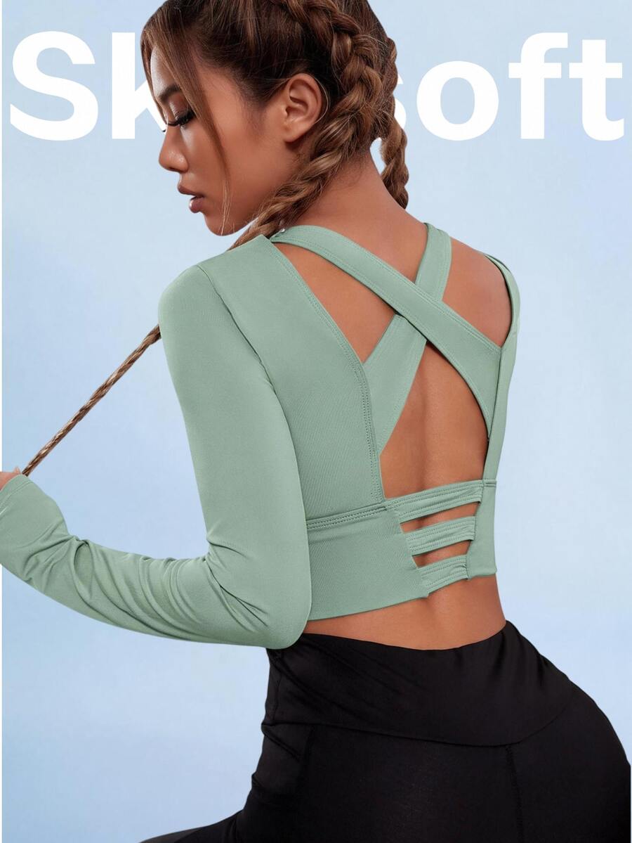 SHEIN Sovereign Charm Solid Backless Crop Tank Topworkout Tank Top - Mint Green - View 1
