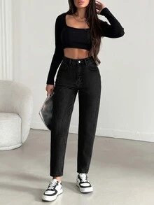 SHEIN بنطلون جينز مام أسود مقاس كبير بخصر عالي وقصة فضفاضة كاجوال، غسيل عادي، بأزرار أمامية، رسمي للنادي، للشتاء - الأسود - مشاهدة 6