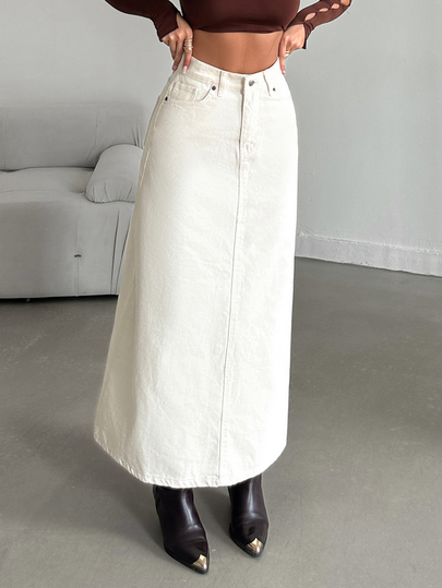 SHEIN Plus High Waist Regular Fit Button Front Casual Style Beige Color Rinse Wash Denim Skirt