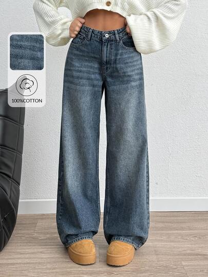 SHEIN Plus High Waist Casual Style Medium Blue Wash Regular Fit Button Front Wwideleg Jean Formal Evening Winter